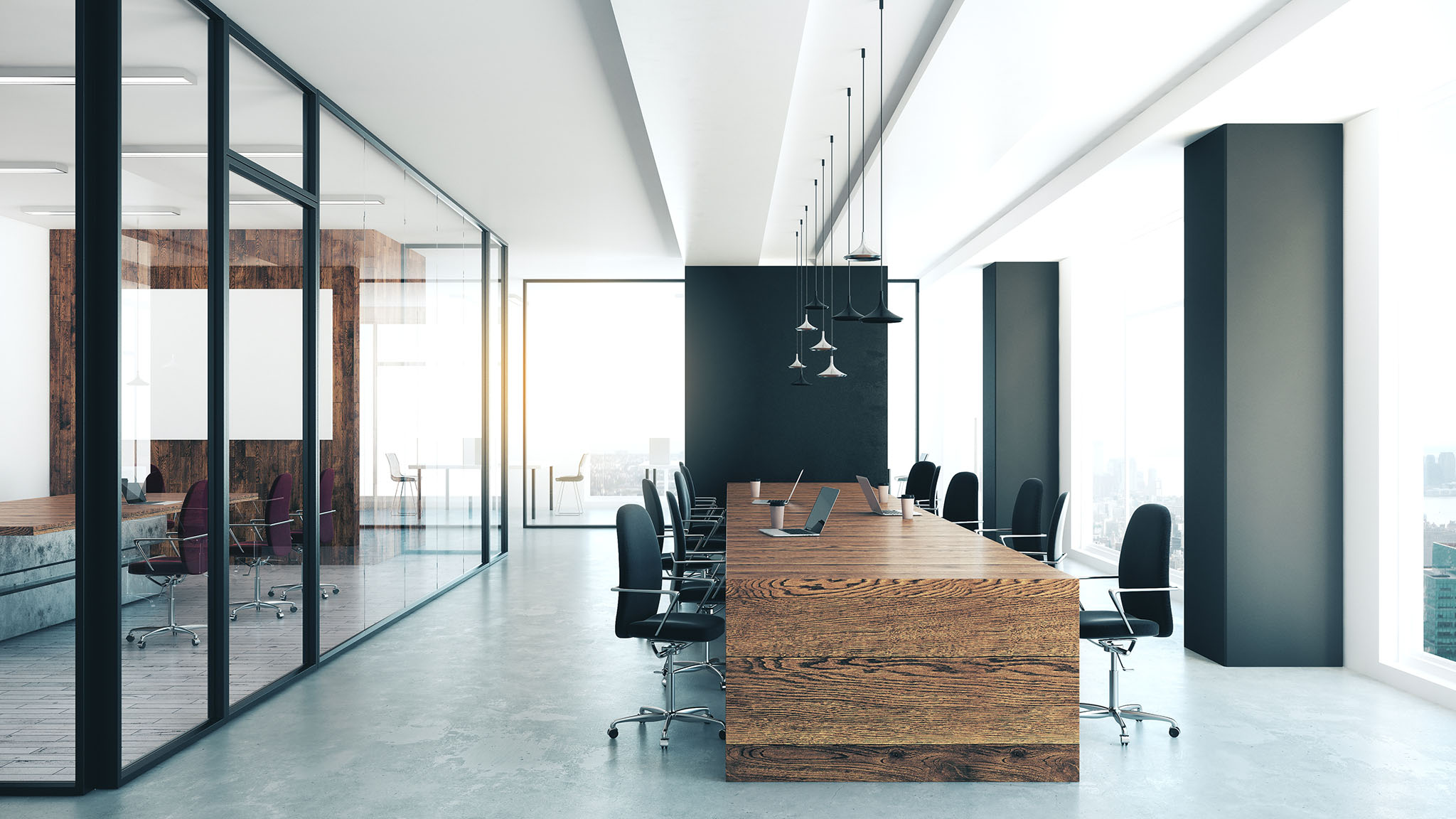 Modern Conference Room With Equipment And City View. Modern Conference Room With Equipment And City View.