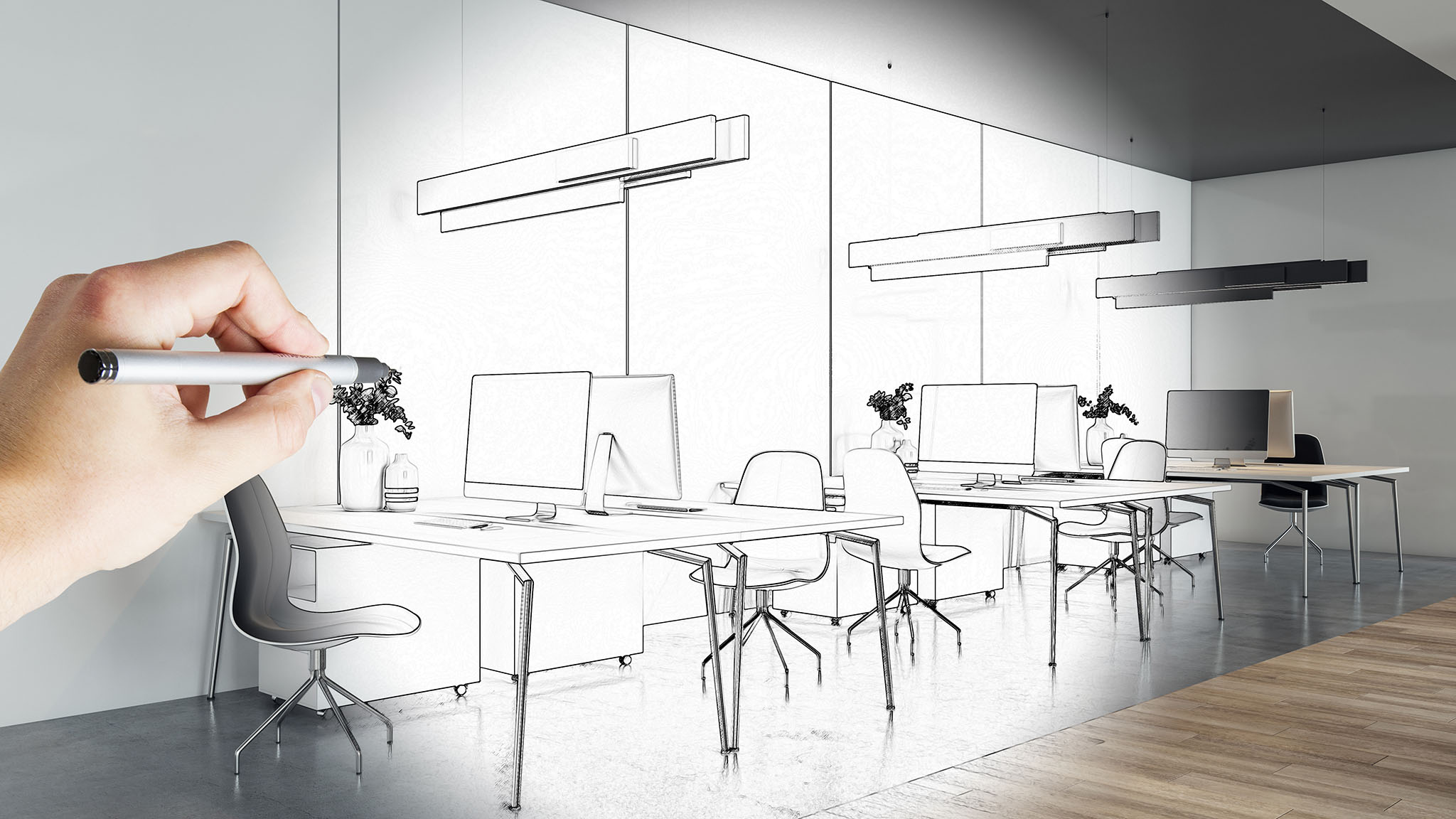 Hand Drawn Modern Coworking Office Interior Plan. Blueprint And Workplace Concept. Hand Drawn Modern Coworking Office Interior Plan. Blueprint And Workplace Concept.